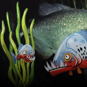 Schwimmende Piranhas- im Comic Stil hinzugefügt - 3 zusätzliche, bunte, Piranhas und eine Wasserpflanze.