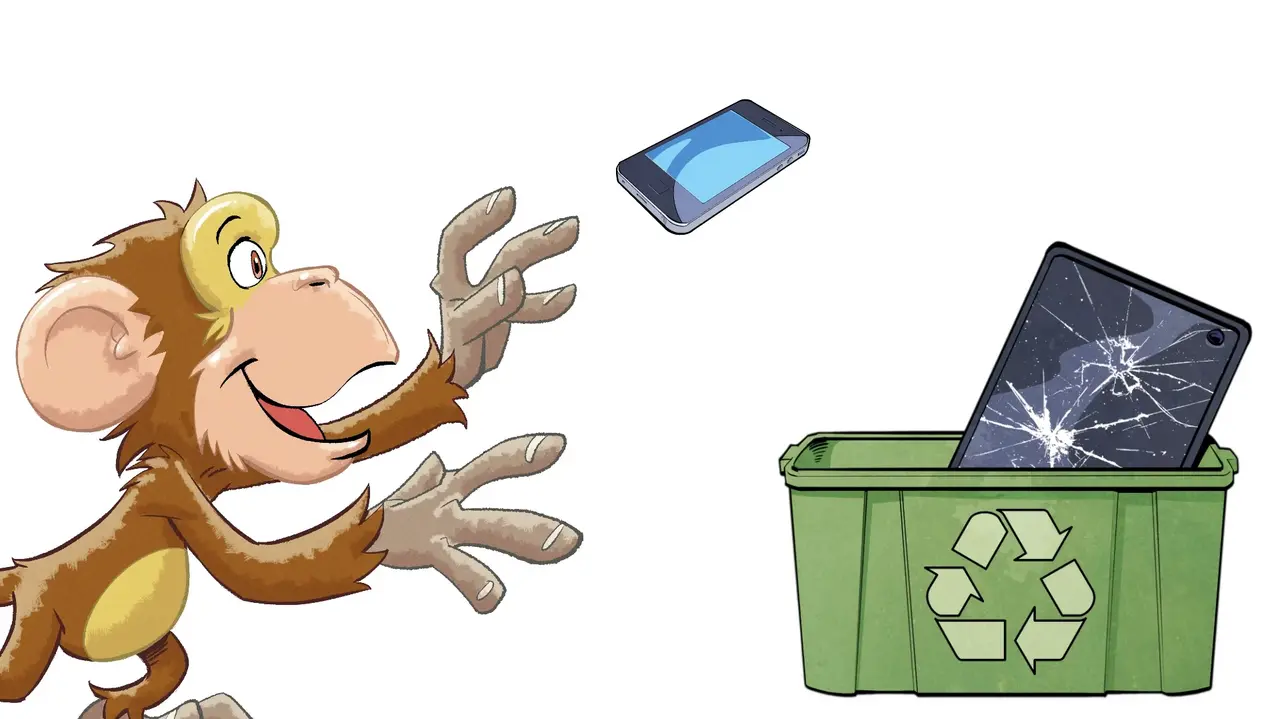 Handy Recycling ©Özi´s Comix Studio Das Bild zeigt einen gezeichneten Affen, der sein Handy in eine Recyclingbox wirft. Darin liegt bereits ein Tablet mit kaputtem Bildschirm.