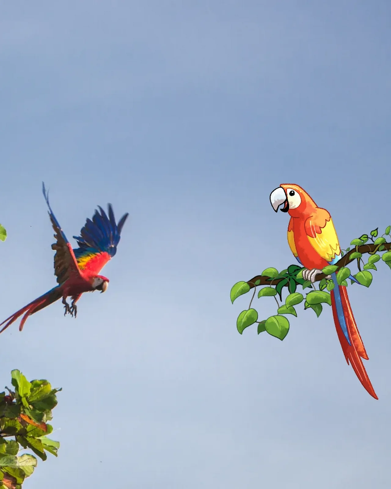 Ara im Flug über den Baumwipfeln. Eine Ara-Illustration sitzt auf einem Ast.