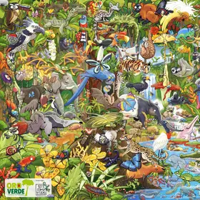 Das Bild zeigt ein Wimmelposter mit verschiedenen gezeichneten Tieren aus den Regenwäldern der Erde.