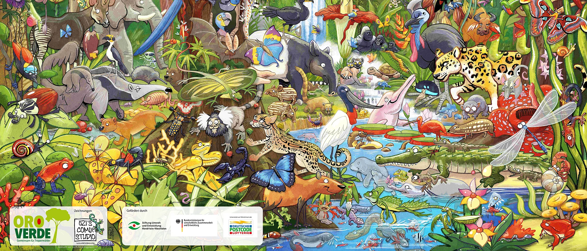 Das Bild zeigt ein Wimmelposter mit verschiedenen gezeichneten Tieren aus den Regenwäldern der Erde.