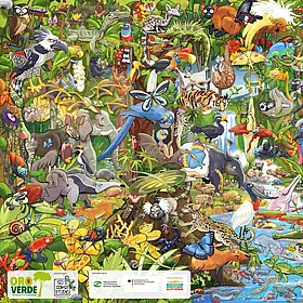 Das Bild zeigt ein Wimmelposter mit verschiedenen gezeichneten Tieren aus den Regenwäldern der Erde.