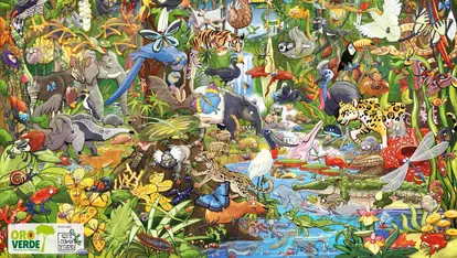 Wimmelposter zur Lernwelt ©OroVerde/ Özi´s Comix Studio Das Bild zeigt ein Wimmelposter mit verschiedenen gezeichneten Tieren aus den Regenwäldern der Erde.