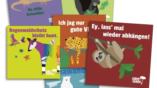 OroVerde Tiersticker ©OroVerde Tiersticker-Motive von OroVerde: Okapi, Faultier, Jaguar, Eisbär, Armadillo und Bonobo.