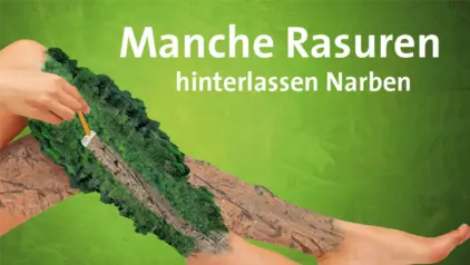 Das Plakat zeigt 2 Beine, auf denen Wald statt Haare wächsen. Mit einem Rasierer werden die Bäume gefällt. Zurück bleibt bloße Erde. 