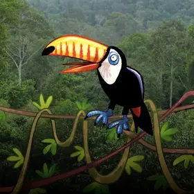 Ein Tukan sitzt auf einem Ast - im Comic Stil hinzugefügt – Lianen