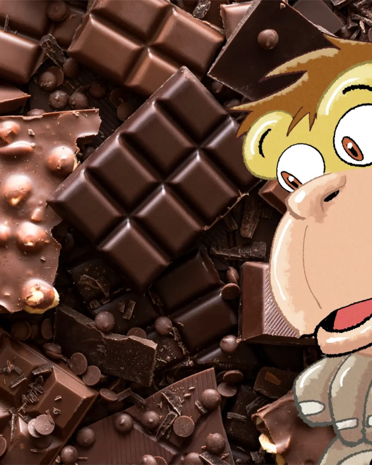 verschiedene Schokoladen, ohne Papier - im Comic Stil hinzugefügt - ein Affe der auf die ganzen Schokoladen guckt.