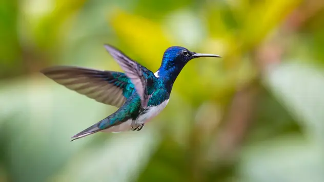 Der Kolibri steht in der Luft. Sein blaues Gefieder schimmert im Sonnenlicht.