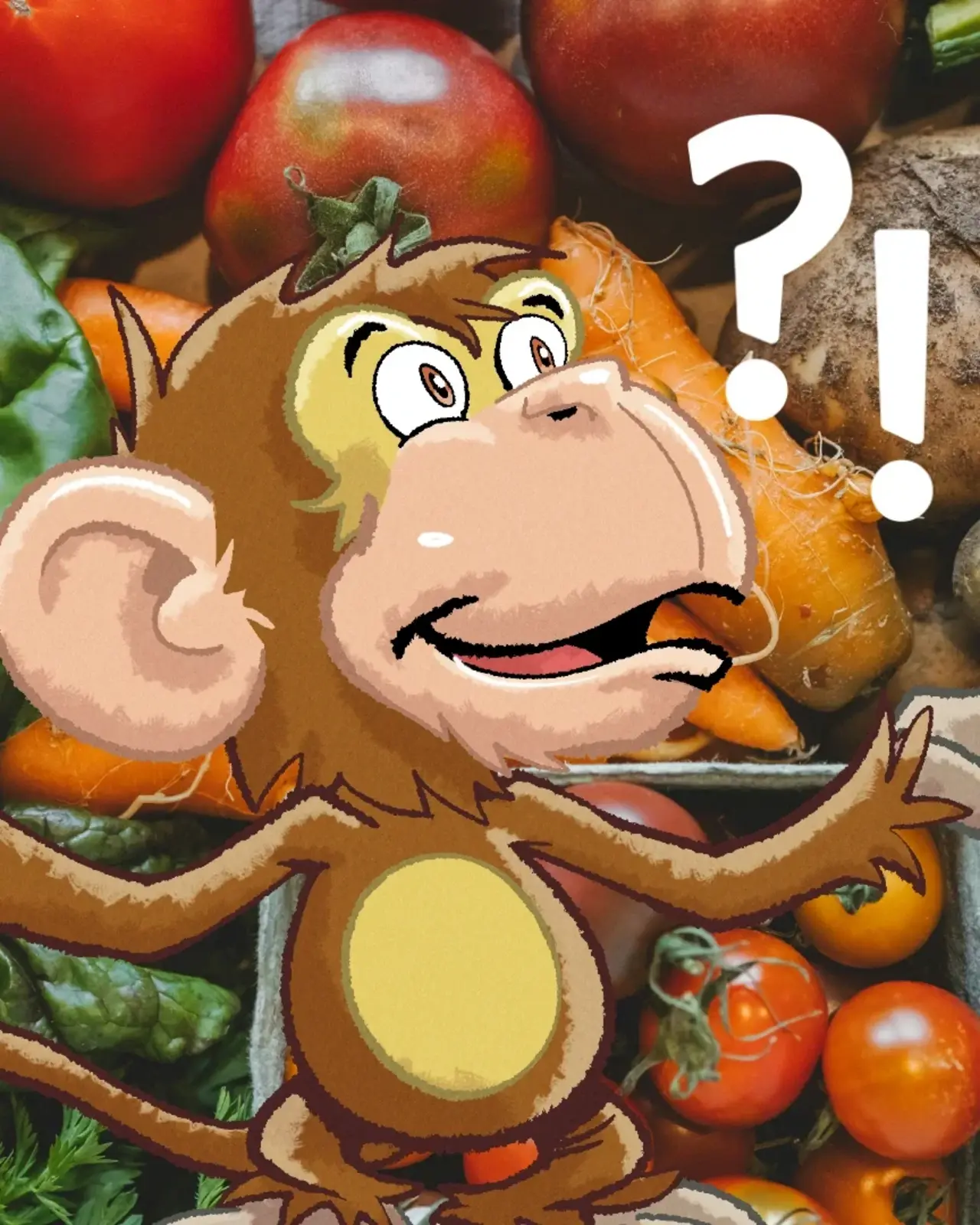Das Foto zeigt verschiedene Arten Gemüse - im Comicstil hinzugefügt - ein Affe mit einem Frage- und einem Ausrufzeichen über dem Kopf. 