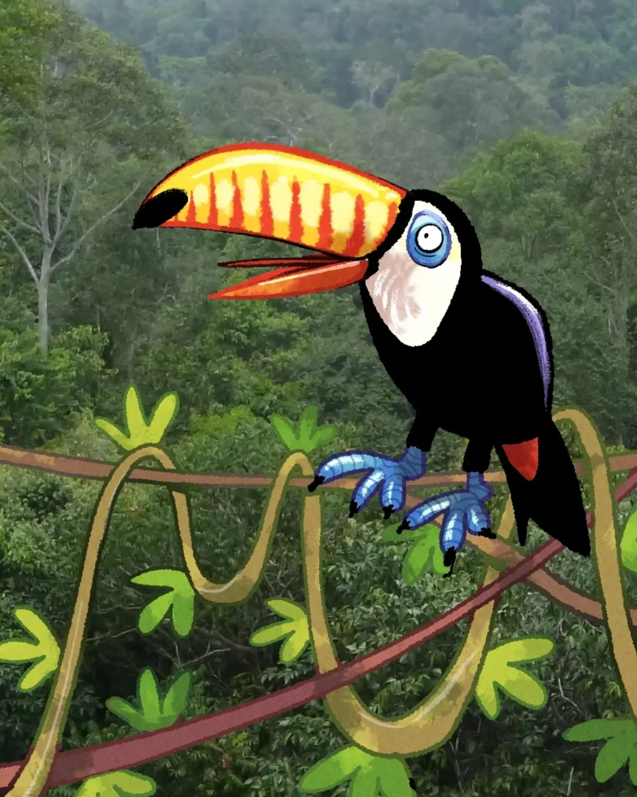 Ein Tukan sitzt auf einem Ast - im Comic Stil hinzugefügt – Lianen