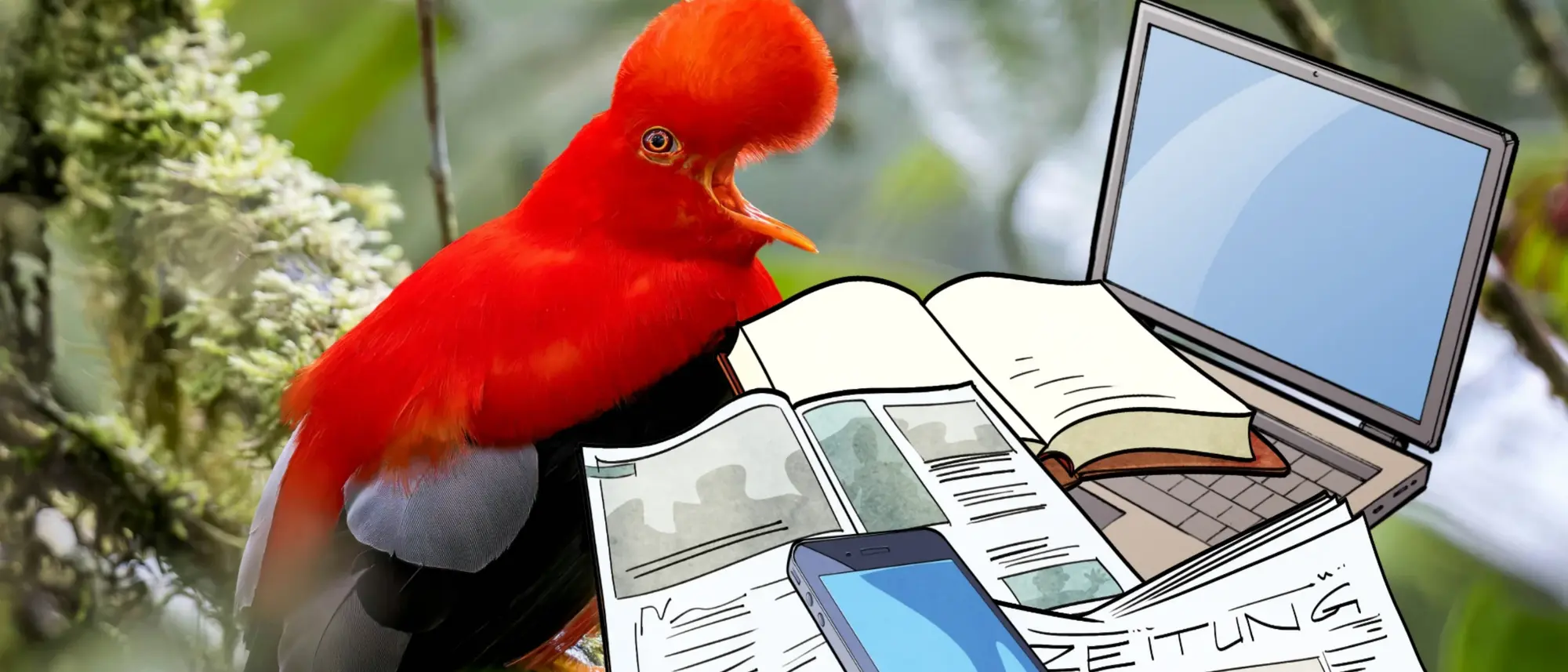 Ein roter Vogel auf einem Ast, der vor - im Comic Stil hinzugefügt - einem Laptop, einem Buch, einem Handy und einer Zeitung sitzt.