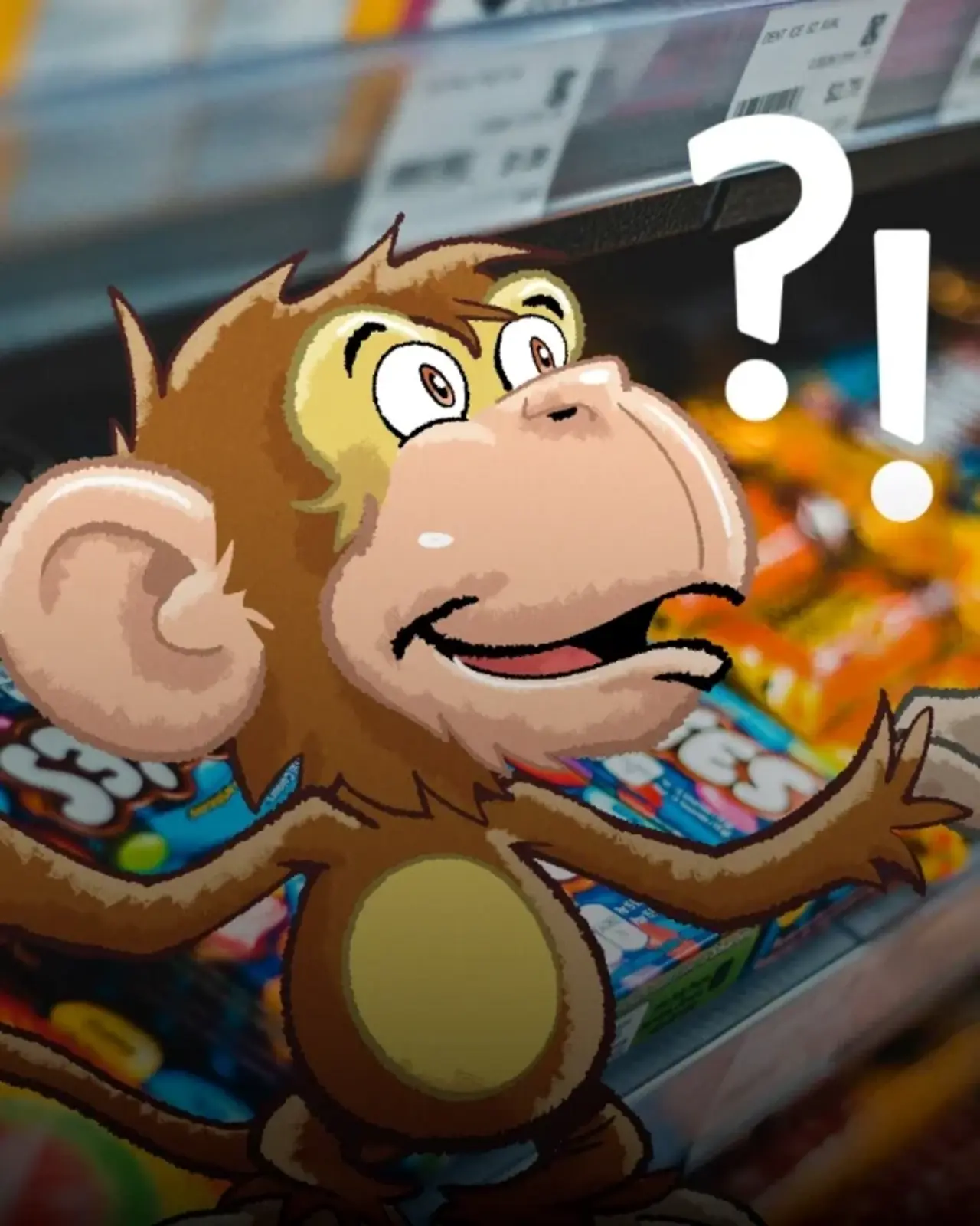 Das Foto zeigt eine Regal mit Schokoladenprodukten - hinzugefügt im Comic-Stil ü- ein Affe mit einem Frage- und einem Ausrufezeichen über dem Kopf.
