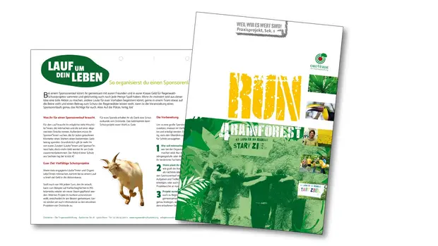 Material "Spendenlauf organisieren" ©OroVerde Das Bild zeigt die Titelblätter des Materialpaketes zum Sponsorenlauf.