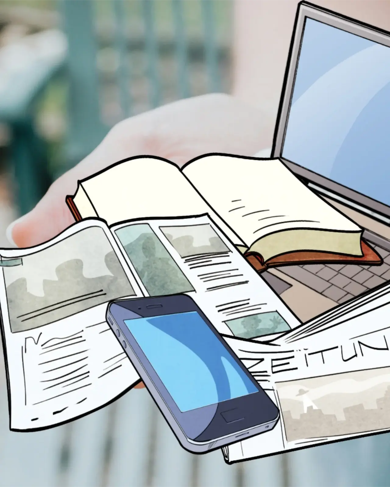 2 Hände die - im Comic Stil hinzugefügt - ein Laptop, ein Buch, ein Handy und eine Zeitung halten.