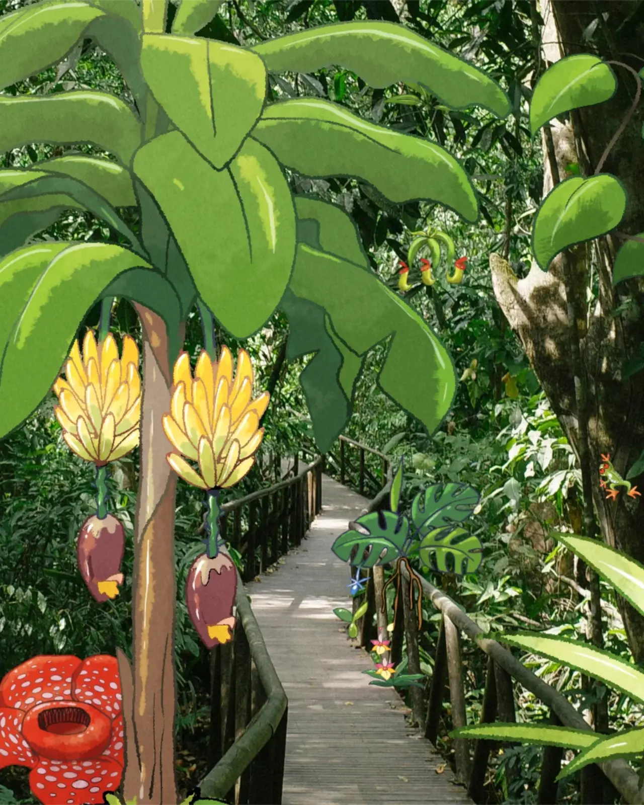 Eine Brücke im Regenwald - im Comic Stil hinzugefügt - verschiedene Grünpflanzen, eine Rafflesia und Bananen.