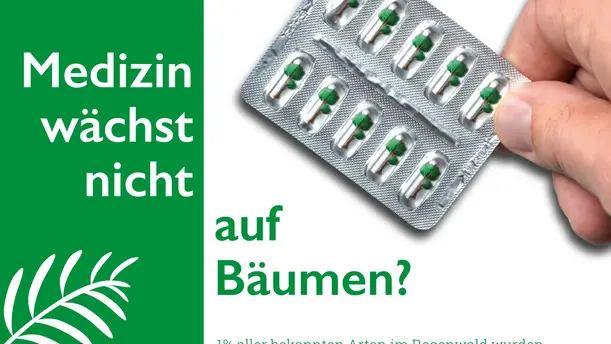 Ein Plakat, auf dem eine Hand einen Blister mit Tabletten hält unter dem Slogan "Medizin wächst nicht auf Bäumen?"