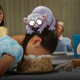 Das Bild zeigt ein Mädchen, dass kopfüber in einer Torte steckt  - im Comic Stil hinzugefügt - sitzt ein Lori auf ihrem Kopf und ein Affe streicht mit dem Finger durch den Kuchen. 