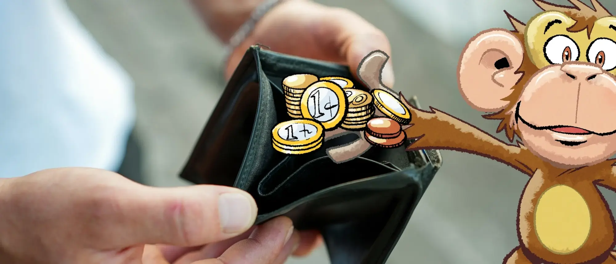 Eine Geldbörse - im Comic Stil hinzugefügt - eine Affenhand, die Geld hineinlegt.