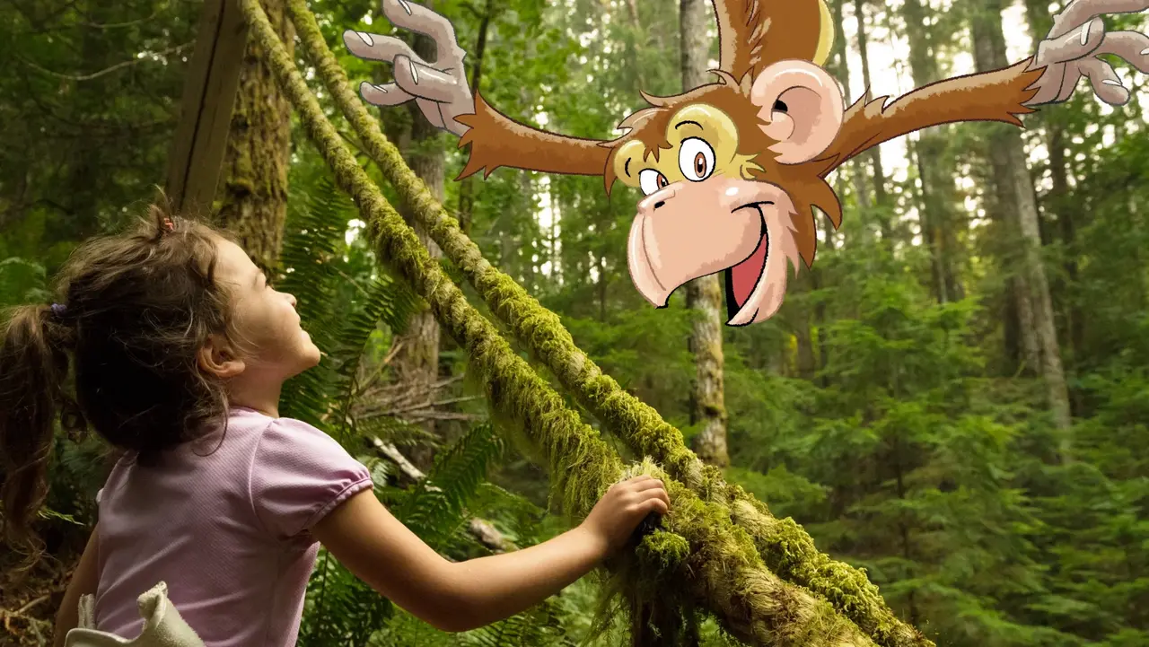 Aktionen für dich ©ascentxmedia via iStock und Özi´s Comix Studio Das Bild zeigt ein Kind im Wald, das die Hand auf eine Liane legt - im Comic Stil hinzugefügt - ein Affe, der kopfüber aus dem Baum hängt.