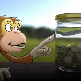 Ein Glas mit Münz-Geld auf einem Tisch  - im Comic Stil hinzugefügt - ein Affe, der auf das Geld zeigt.