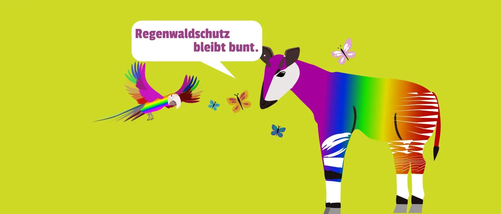 Das Bild zeigt ein gezeichnetes Okapi, einen Ara und Schmetterling in Regenbogenfarben.