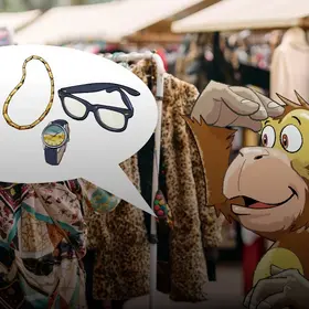 Ein Flohmarkt mit Kleidung - im Comic Stil hinzugefügt - ein Affe, der in die Ferne schaut und eine Denkblase mit einer Brille, Goldkette, Armbanduhr und Geldmünzen neben dem Kopf hat.