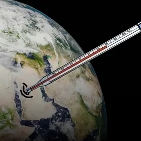 Die Weltkugel - im Comic Stil hinzugefügt – ein Thermometer das darin steckt, also die Temperatur misst.