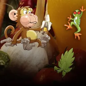 Gemüse als Nahaufnahme  - im Comic Stil hinzugefügt - ein Affe, der eine Banane isst, ein Frosch der an einer Paprika hochklettert und ein Insekt, das auf einer Tomate sitzt. 