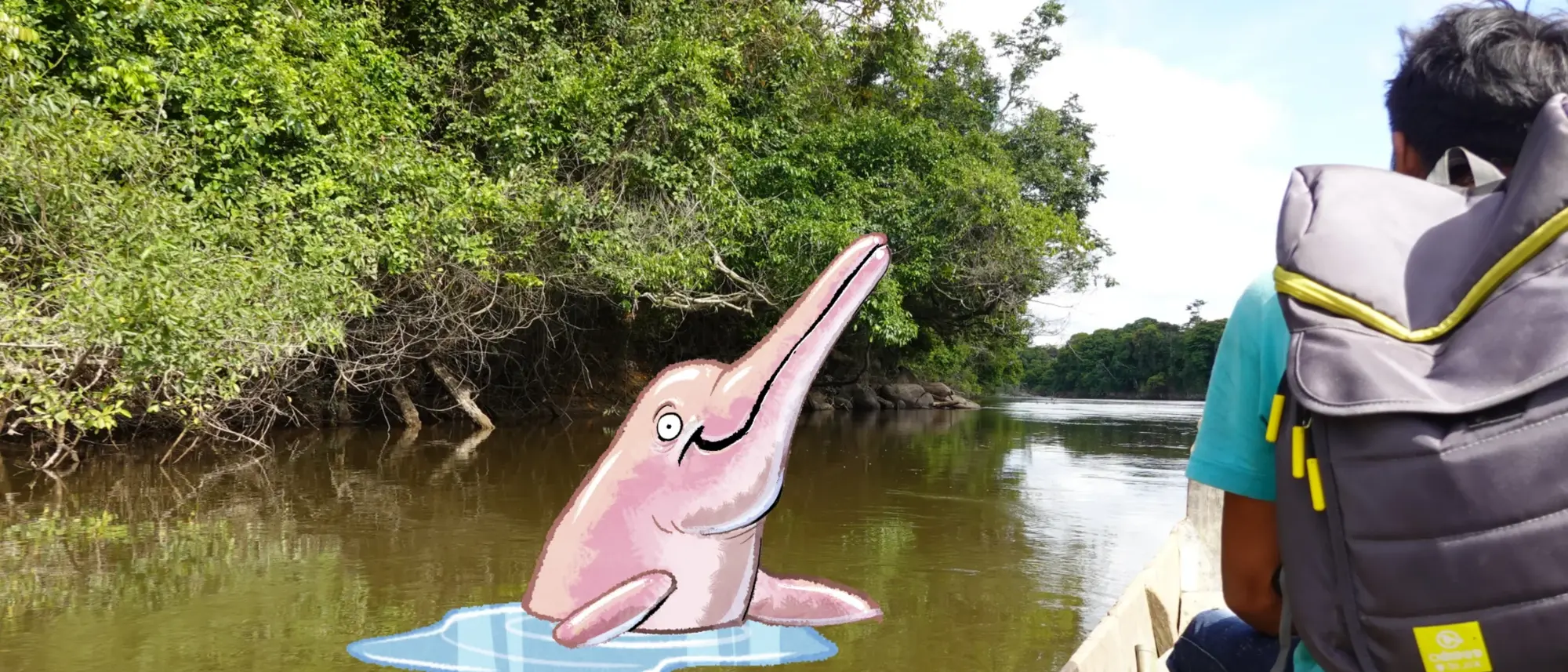 Ein gezeichneter Flussdelfin im Wasser neben einem Boot.