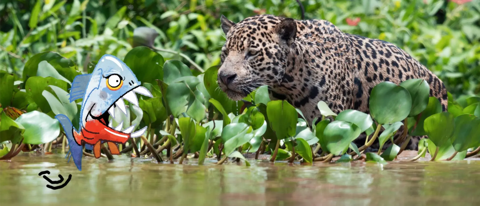 Ein Jaguar pirscht sich an einem Flussufer an einen Comic-Piranha an.