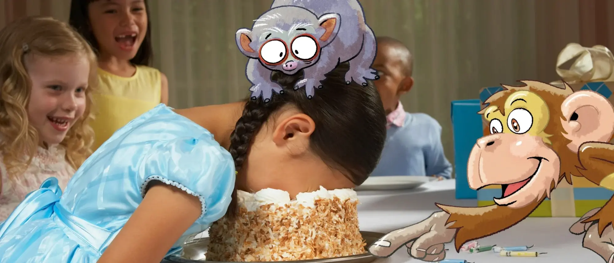Das Bild zeigt ein Mädchen, dass kopfüber in einer Torte steckt  - im Comic Stil hinzugefügt - sitzt ein Lori auf ihrem Kopf und ein Affe streicht mit dem Finger durch den Kuchen. 