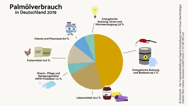 Das Tortendiagramm zeigt: Palmöl landet zu einem sehr großen Teil zum Beispiel in unseren Autotanks in gold. Gefolgt von Lebensmitteln in beige und Futtermitteln in grau. Wasch- und Kosmetikprodukte sowie Medikamente und Stromerzeugung verantworten den Rest (in hellblau, dunkelblau und türkis).