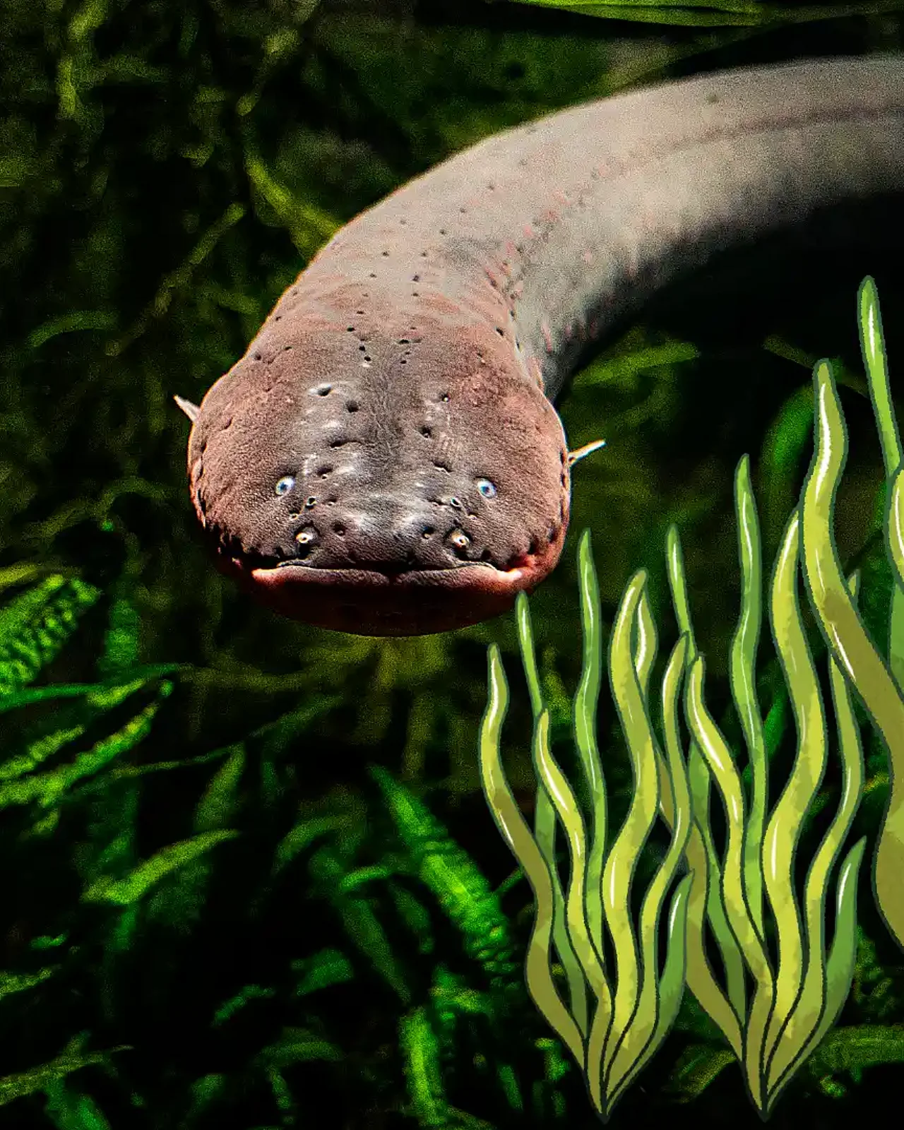 Ein Zitteraal schwimmt in einem abgedunkelten Aquarium zwischen Wasserpflanzen. Sein langer, schlangenförmiger Körper ist grau-braun und er hat ein leicht geöffnetes Maul. Rechts des Zitteraals befinden sich hineinmontiert Schlingpflanzen des Comic-Zeichners Özi.