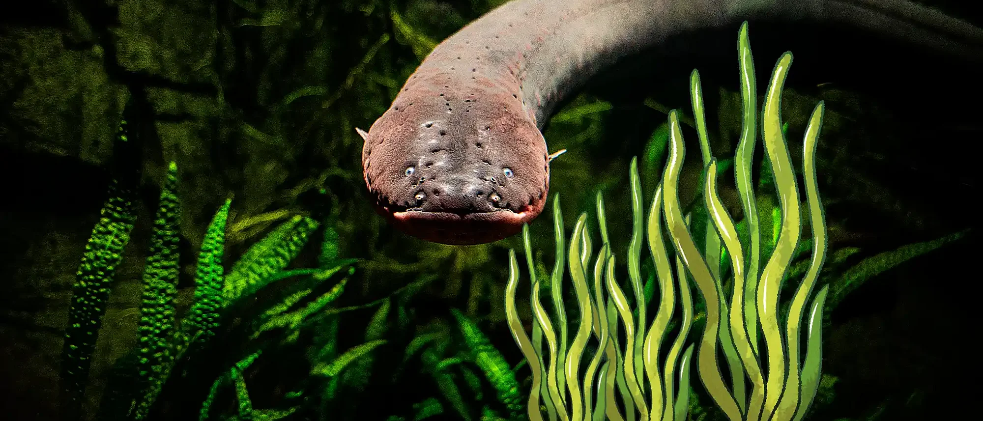 Ein Zitteraal schwimmt in einem abgedunkelten Aquarium zwischen Wasserpflanzen. Sein langer, schlangenförmiger Körper ist grau-braun und er hat ein leicht geöffnetes Maul. Rechts des Zitteraals befinden sich hineinmontiert Schlingpflanzen des Comic-Zeichners Özi.