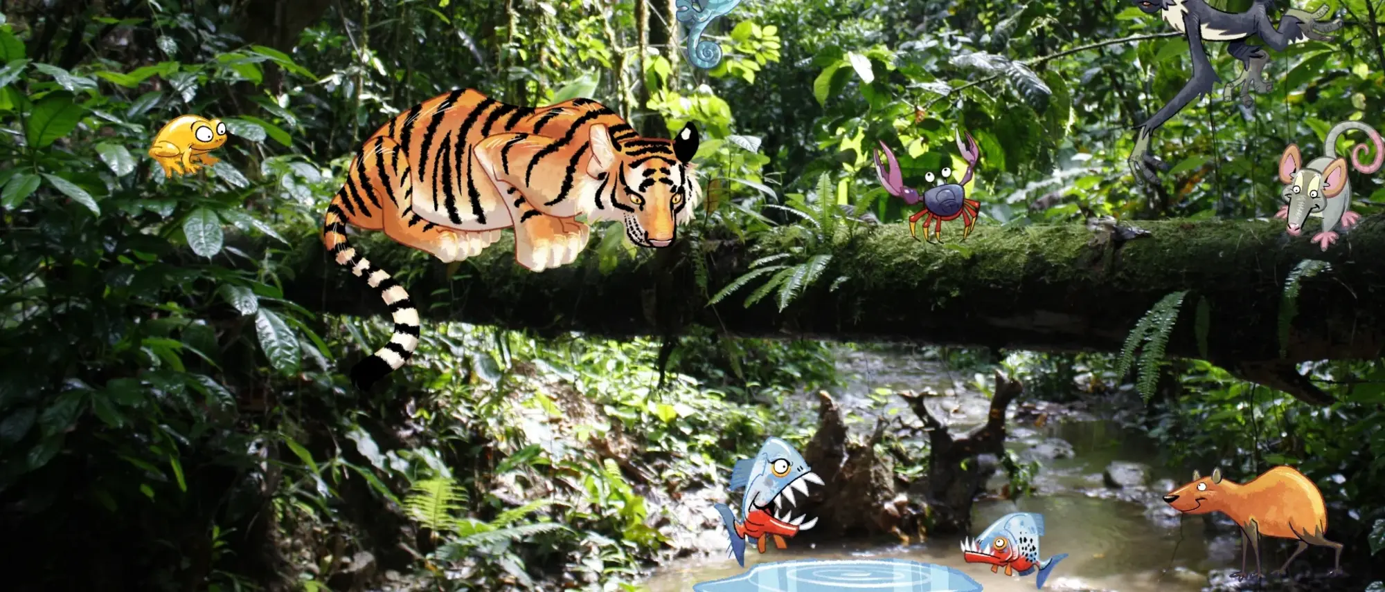 Grüner Regenwald indem ein Stamm quer über einem Fluss liegt - im Comic Stil hinzugefügt - ein Frosch, Tiger, Falter, Chamäleon, Aguti, Fische, Krebs, Affe und Maus.