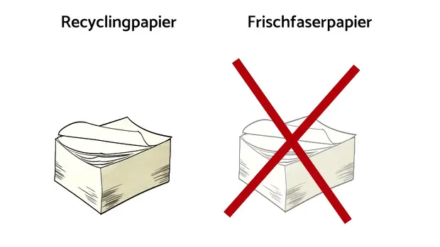 Auf dem Bild siehst du zwei Papierhaufen nebeneinander. Einer mit dem Wort „Recyclingpapier“ und einer mit dem Wort „Frischfaserpapier“ darüber. Das Frischfaserpapier ist durchgestrichen.