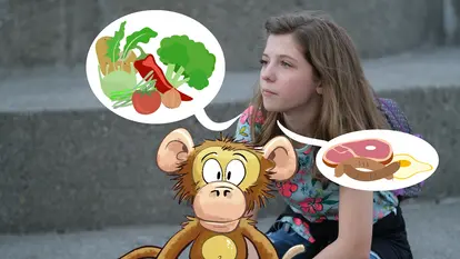 Das Bild zeigt ein nachdenkliches Mädchen - im Comic Stil hinzugefügt - ein Affe und zwei Denkblasen, eine mit Gemüse und eine mit tierischen Produkten. 