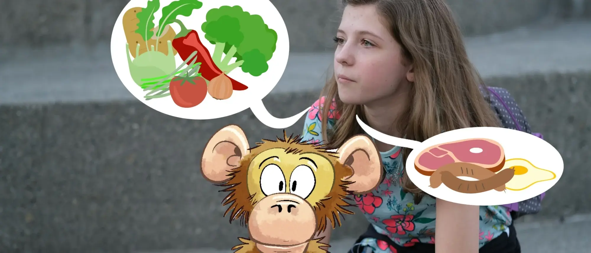 Das Bild zeigt ein nachdenkliches Mädchen - im Comic Stil hinzugefügt - ein Affe und zwei Denkblasen, eine mit Gemüse und eine mit tierischen Produkten. 