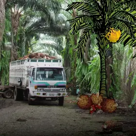Ein Lastkraftwagen, beladen mit Palmfrüchten - im Comic Stil hinzugefügt –Palme mit Früchten.