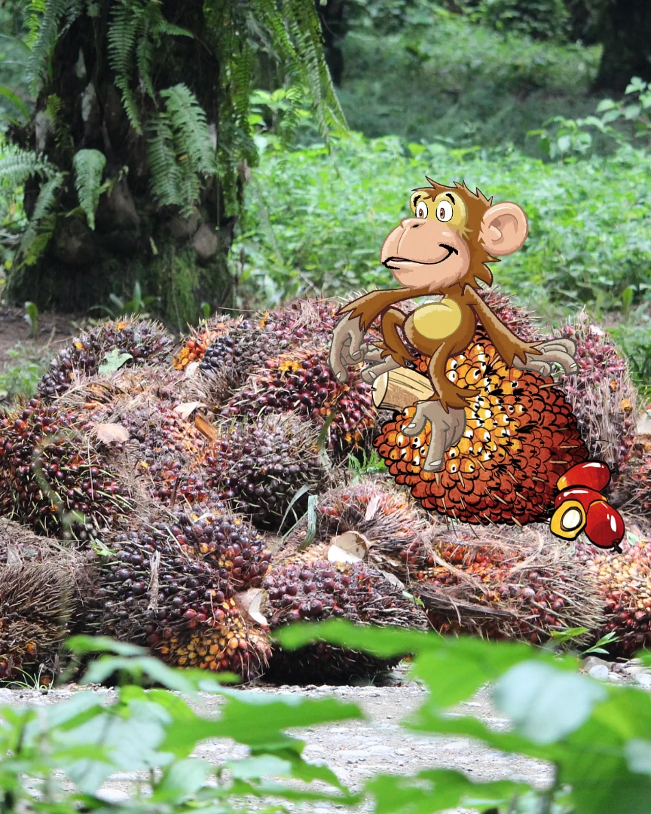Geerntetes Palmöl am Rande einer Plantage - im Comic Stil hinzugefügt - ein Affe und Fruchtstände der Palmölfrucht. 
