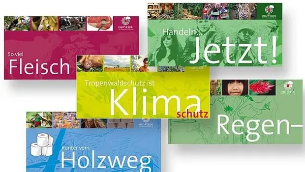 Flyerauswahl: 5 Flyer zu unterschiedlichen Regenwald-Themen.