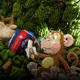 Bananenstauden auf einem Markt - im Comic Stil hinzugefügt - ein Affe, der auf einem Sack sitzt und eine Banane isst.