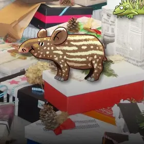 Ein Haufen Geschenke, alle auf nachhaltige Weise verpackt  - im Comic Stil hinzugefügt - ein Tapirjunges, ein Leguan und eine Graue Vieraugenbeutelratte.