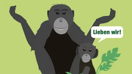 Ein gezeichneter Bonobo mit Baby von Vorne. Auf dem Sticker der Text: "Regenwaldschutz? Lieben wir!"