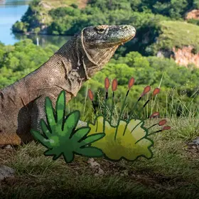 Komodowaran - im Comic Stil hinzugefügt - grüne Sträucher mit Blüten, die zum fressen einladen.