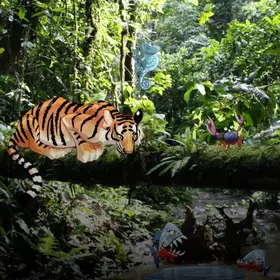 Grüner Regenwald indem ein Stamm quer über einem Fluss liegt - im Comic Stil hinzugefügt - ein Frosch, Tiger, Falter, Chamäleon, Aguti, Fische, Krebs, Affe und Maus.